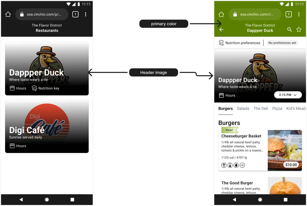 Example of mobile ordering with a branded header