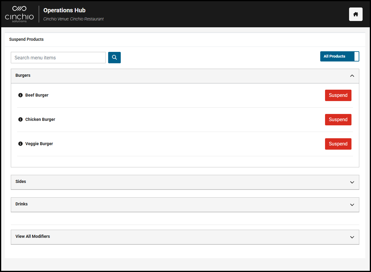 Suspend Products screen in the Operations Hub