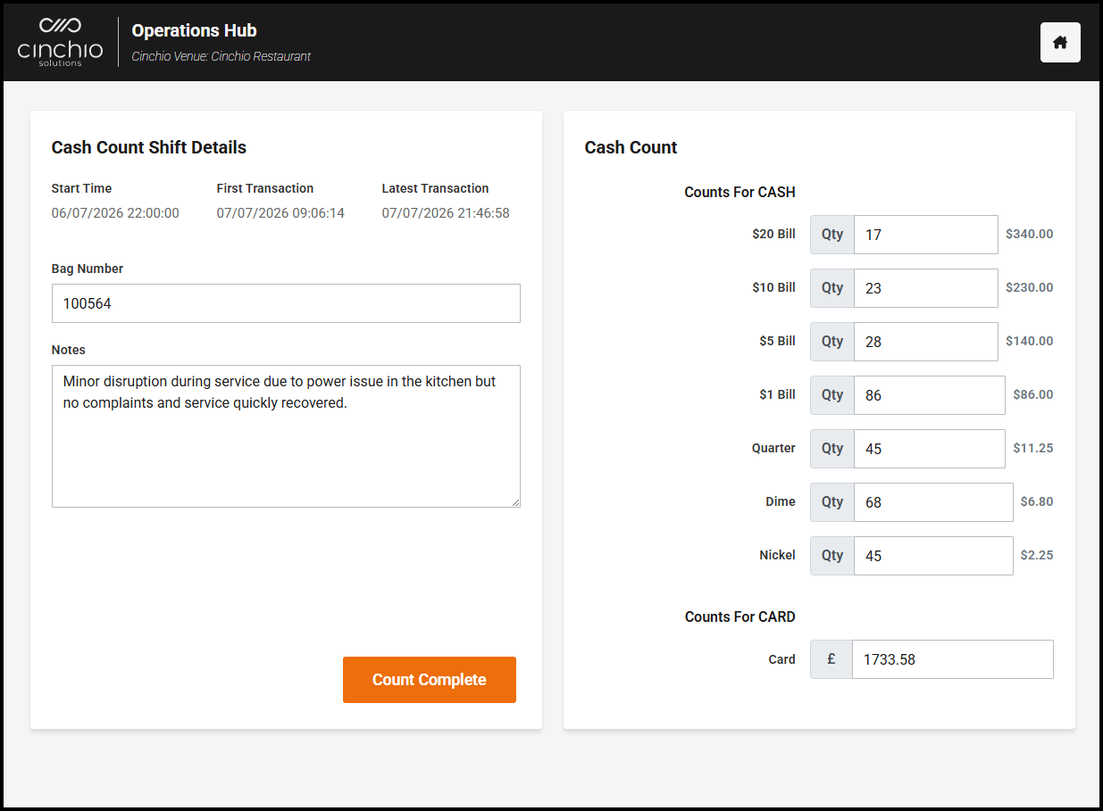 Printed Shift Summary report option in Cash Counts