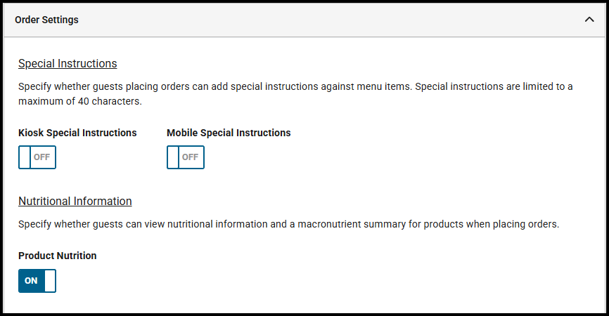 Nutritional Information toggle in Digital Ordering setup