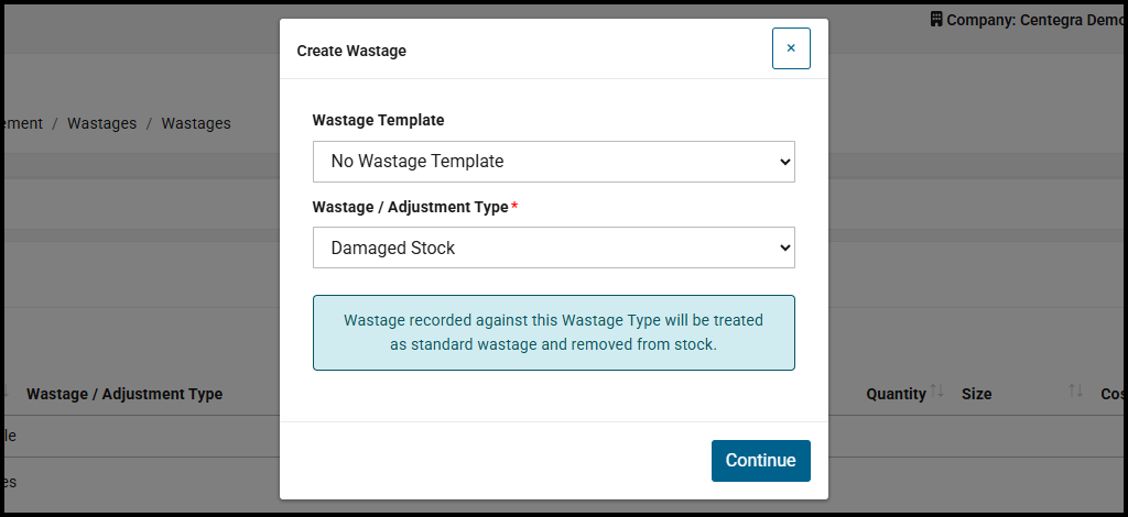 Create Wastage window