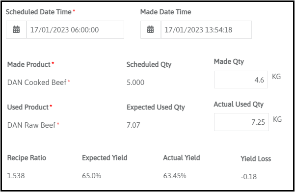 Product preparation with actual yield
