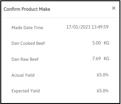 Confirm Product Make window