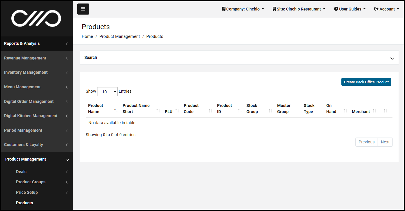 New Back Office Product button on the Products page