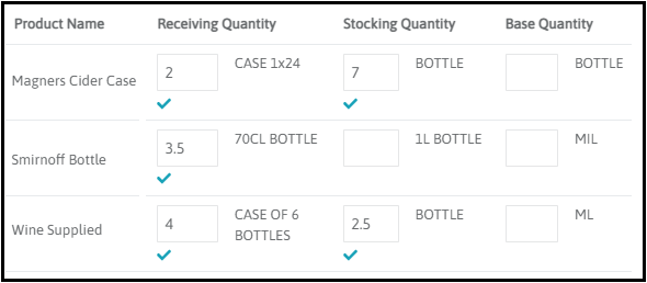Stock count sheet row with counts entered and a green tick