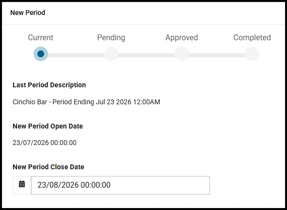 New Period page showing the open and close dates