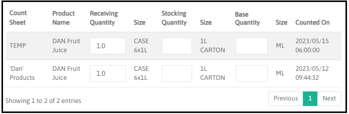 Product counts shown across multiple count sheets