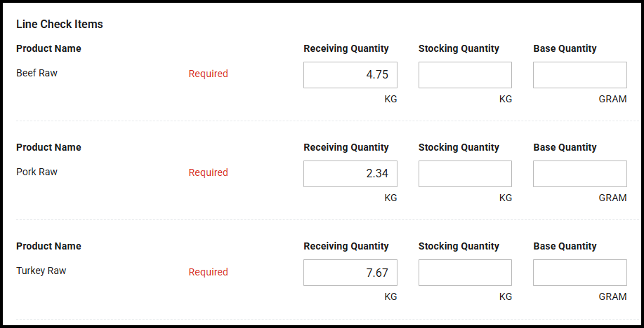 Line Check Items section with quantity columns