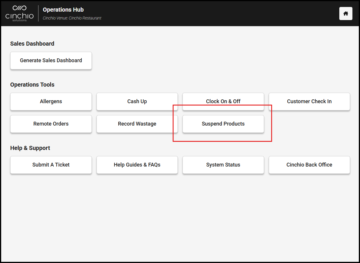Suspend Products on the Operations Hub home page