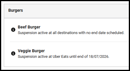 Suspension status on a menu item