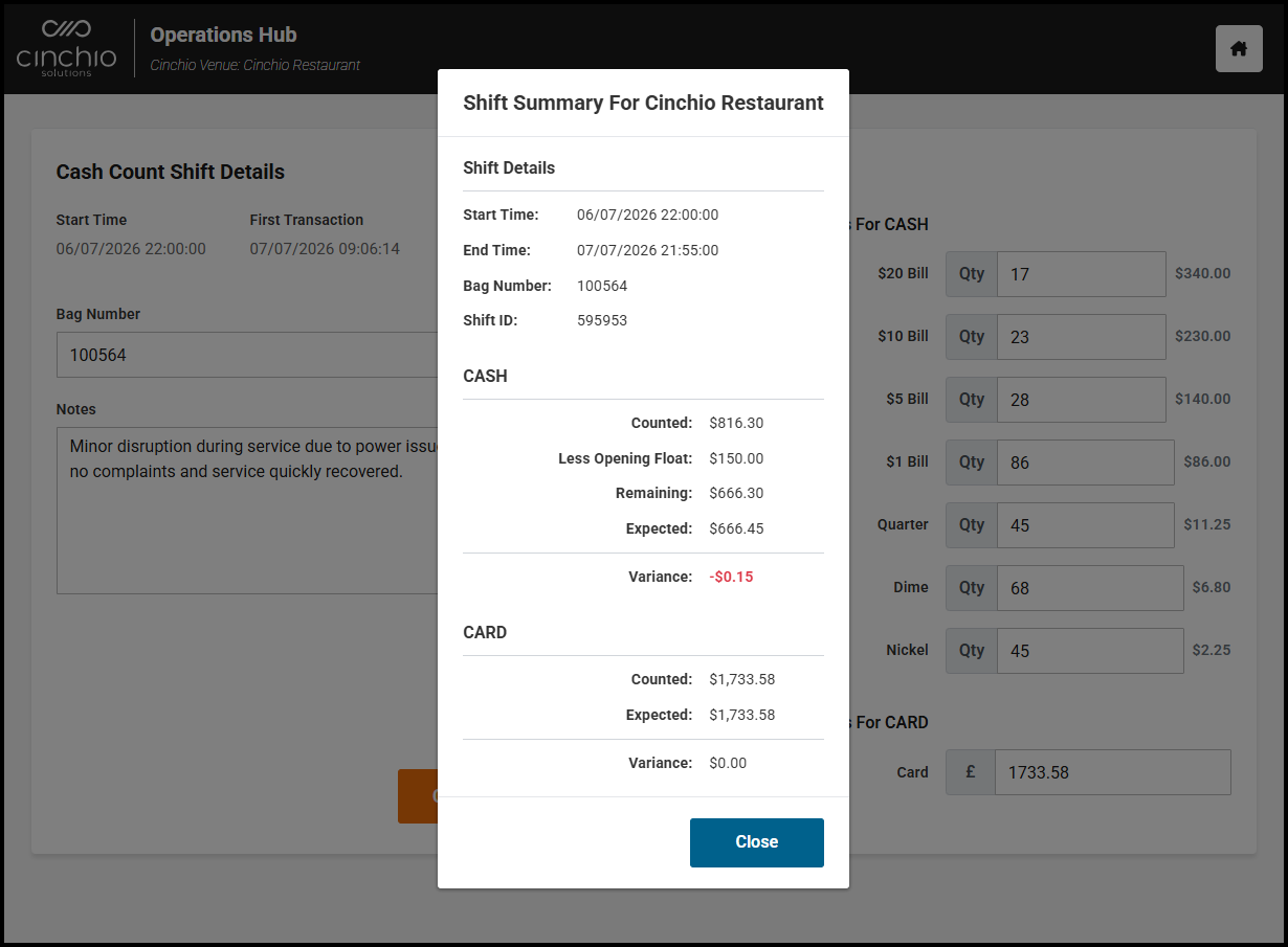 Shift Summary report with the Print option