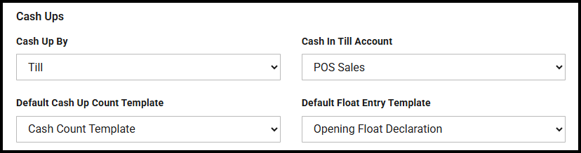 Cash Ups section of the Revenue Management tab in Site Setup