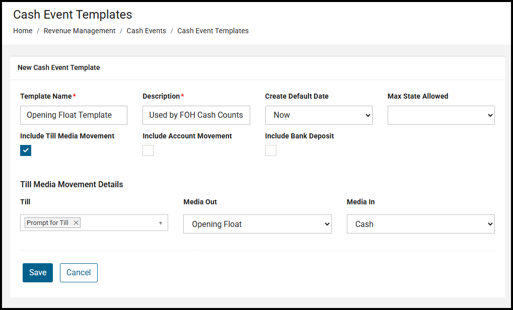 Cash event template with till media movement details