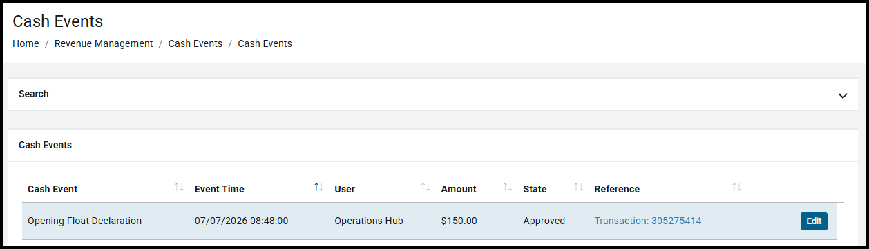 Cash event created by Start Shift