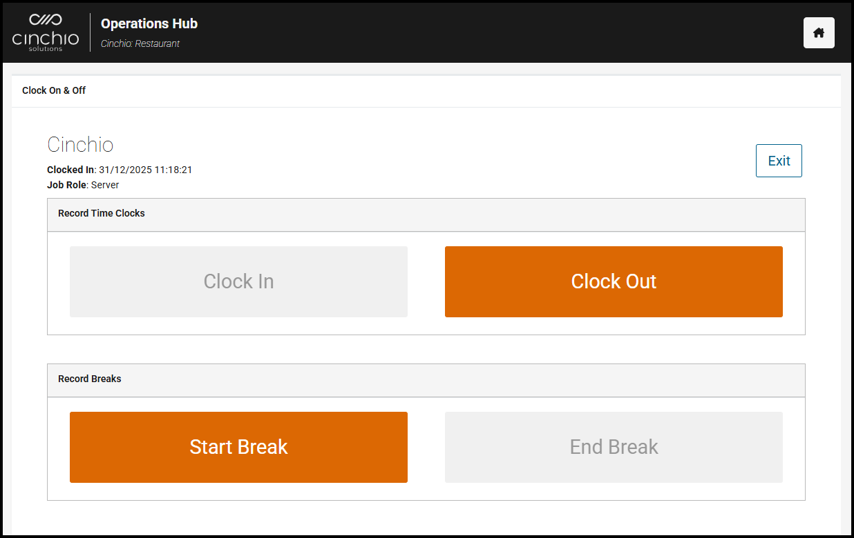 Clock In and Out sections for time clocks and breaks