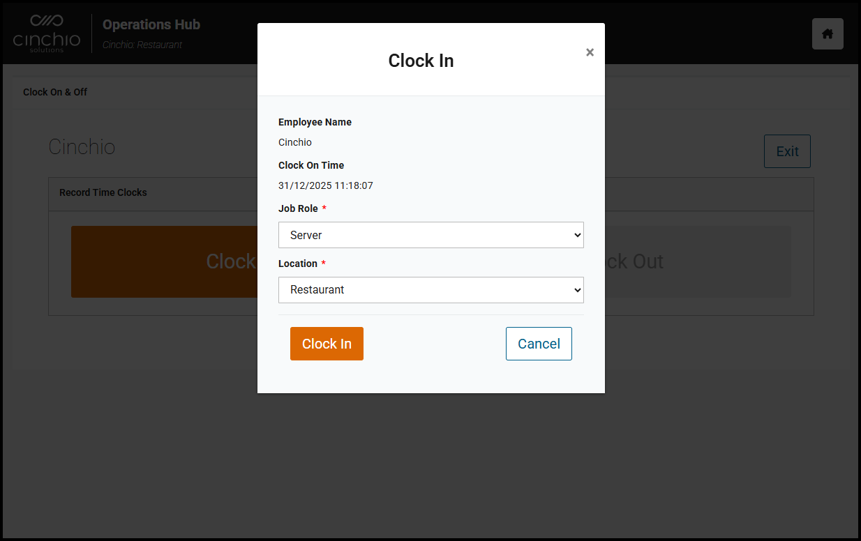 Clock In window with job role and location