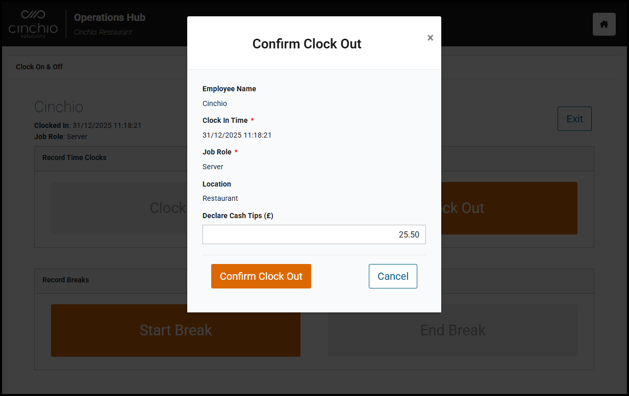 Clock Out window with shift details and cash tips