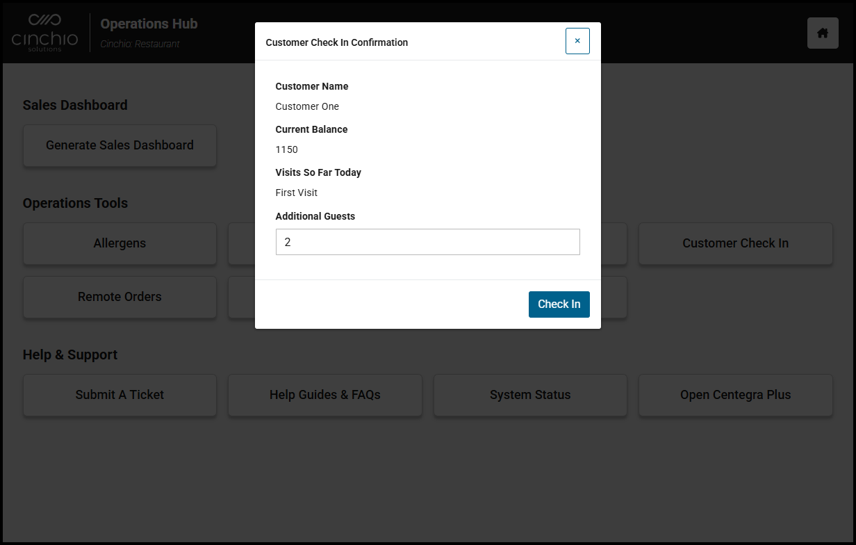 Customer Check In Confirmation window
