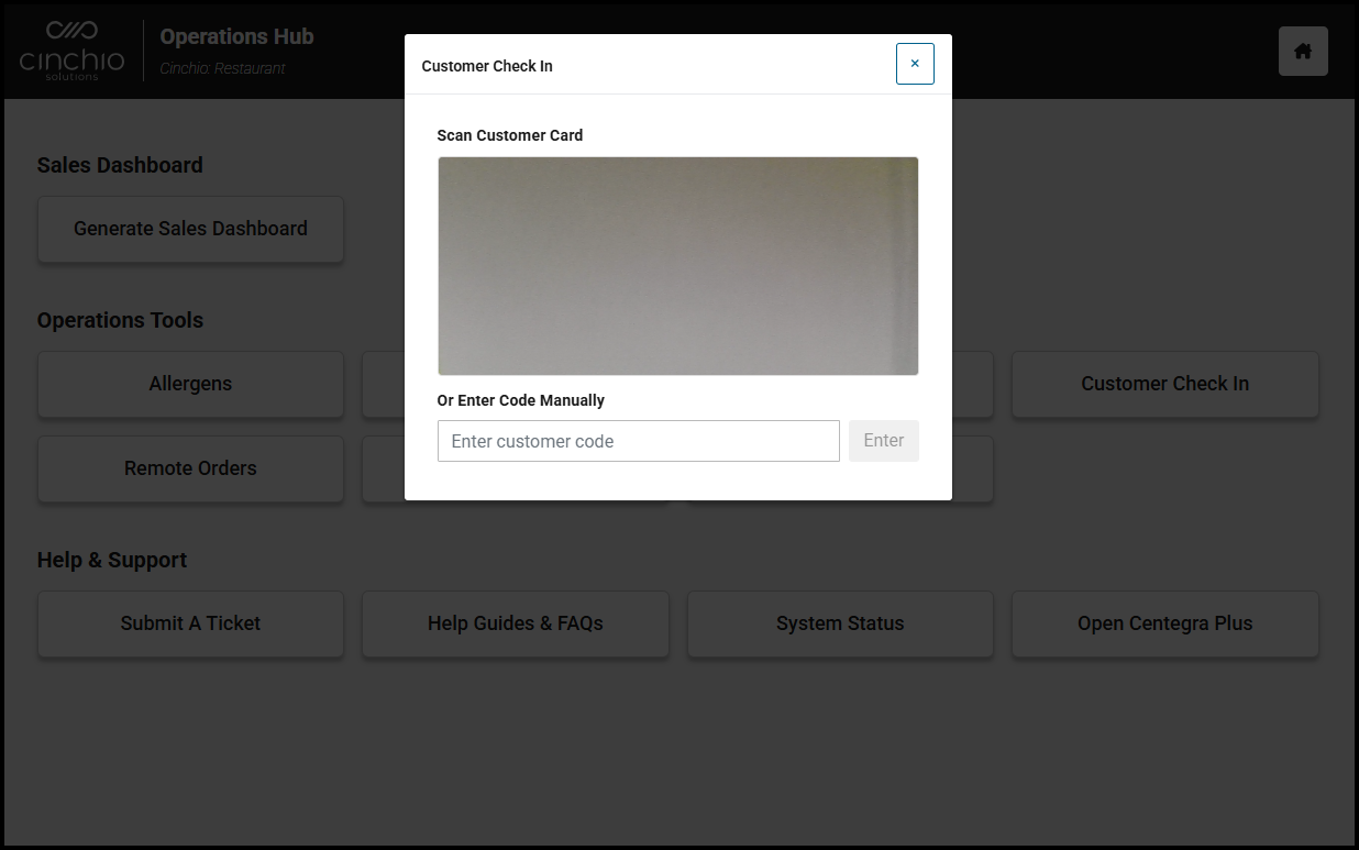 Customer Check In window with scan and manual entry options
