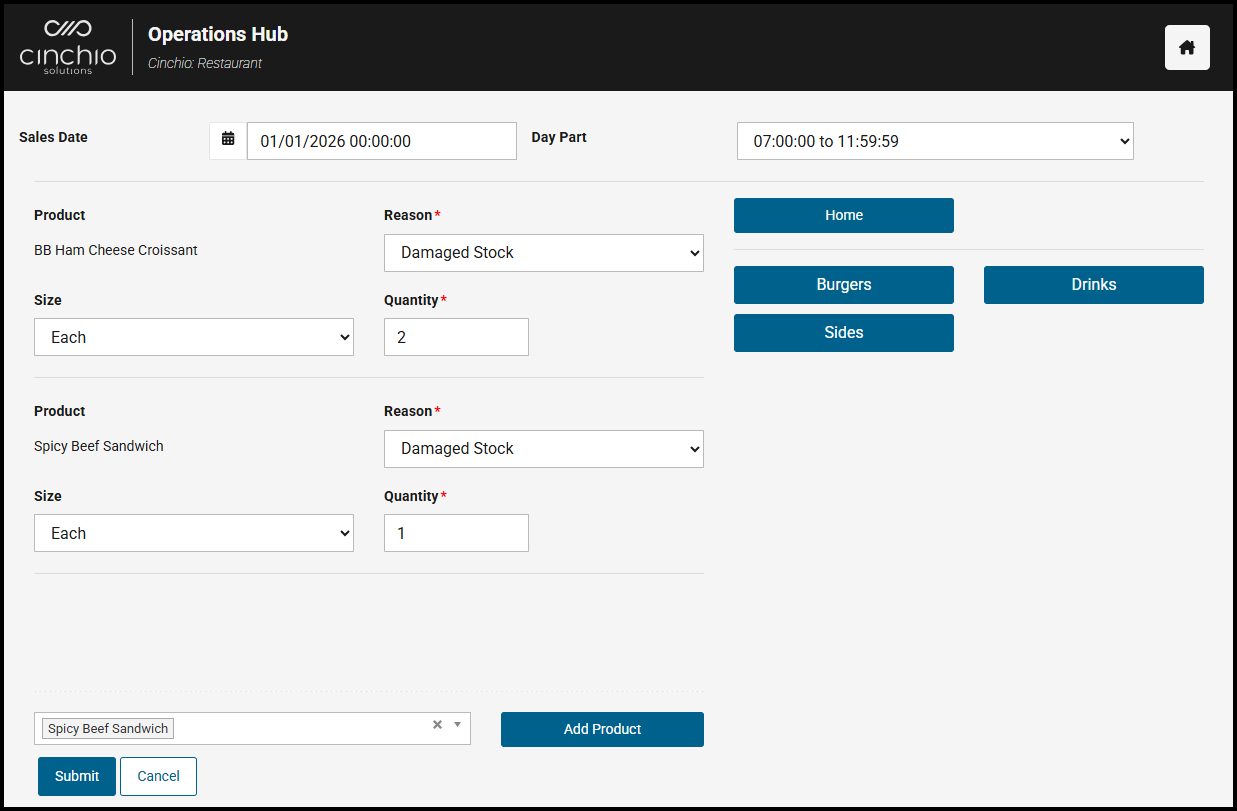 Record Wastage page in the Operations Hub