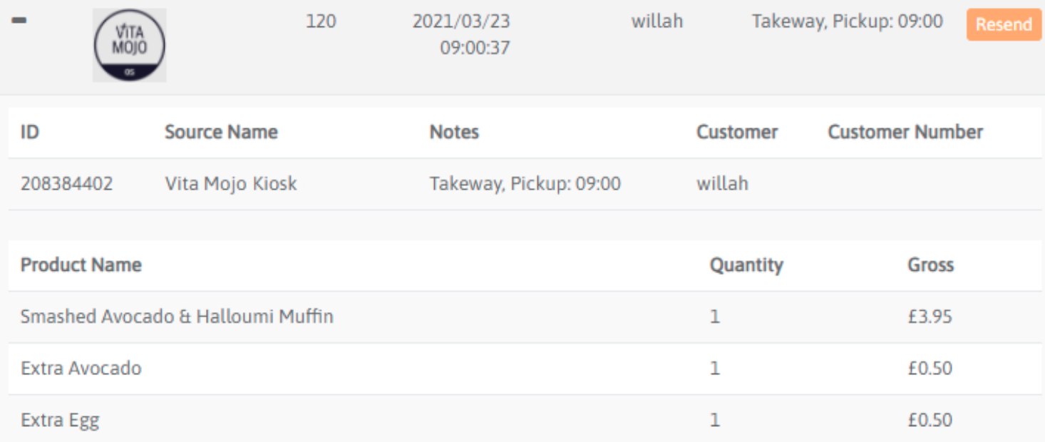 Expanded remote order showing products and customer details