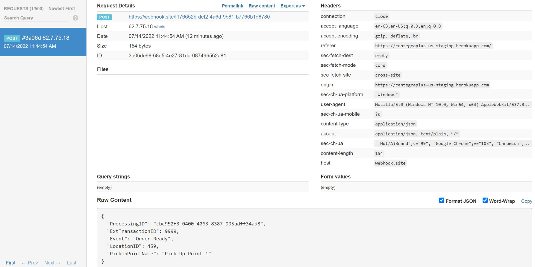 Sample notification posted to a webhook
