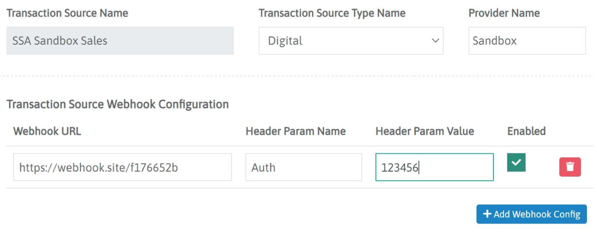 Transaction Source Webhook Configuration section