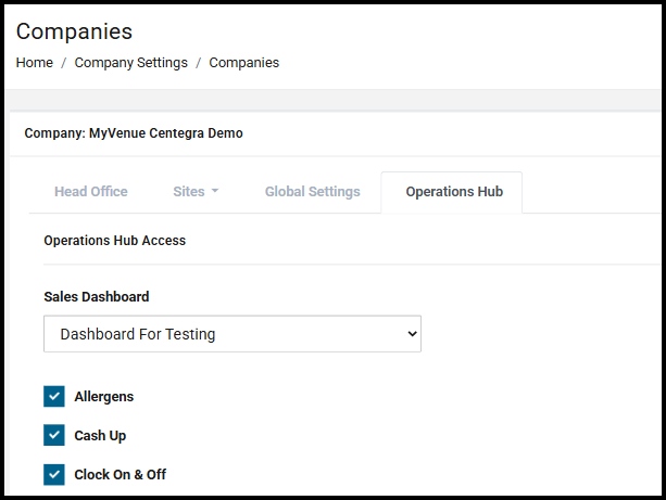 Sales Dashboard setting on the Operations Hub tab