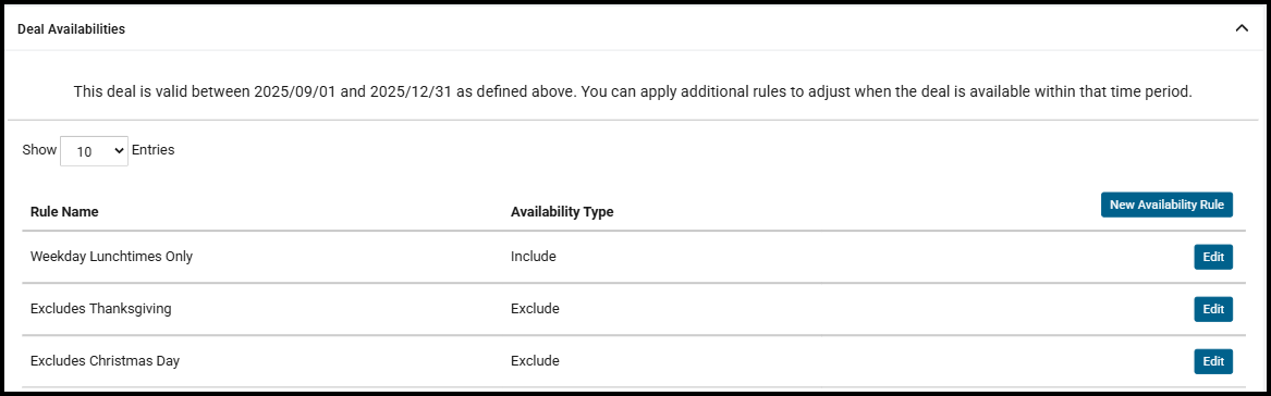 Deal Availability Rules section of the deal page