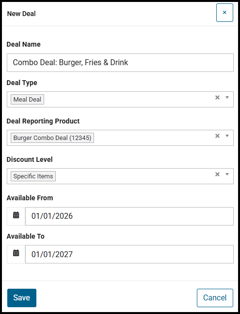 New Deal window for a combo deal