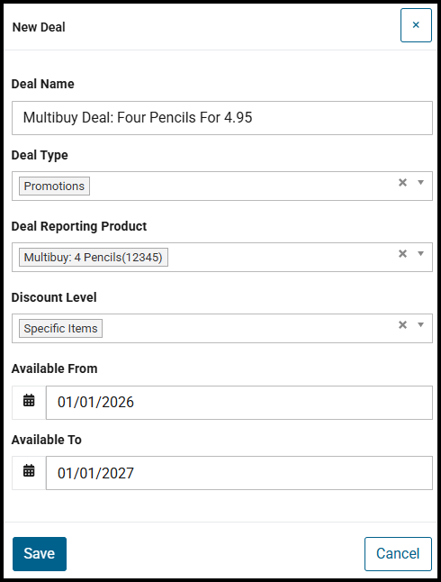 New Deal window for a multibuy deal