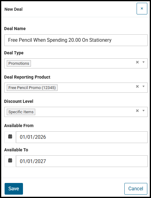 New Deal window for a promotional product deal