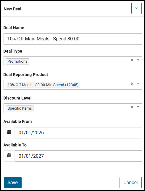 New Deal window for a minimum spend volume discount