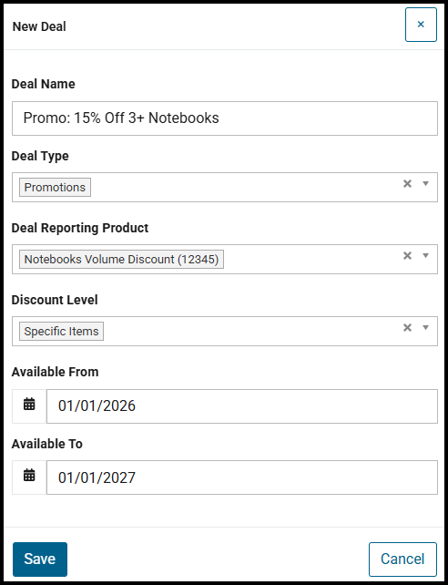 New Deal window for a minimum quantity volume discount