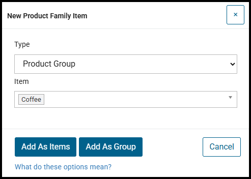 New Product Family Item window