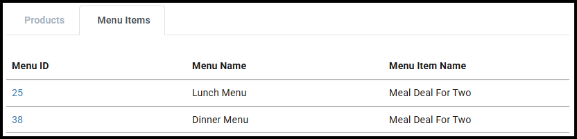 Menu Items tab in Used By