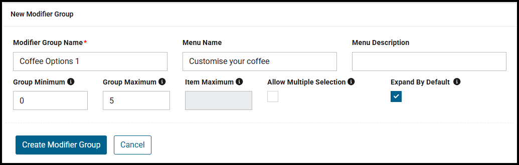 New Modifier Group page