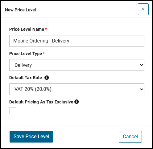 New Price Level window