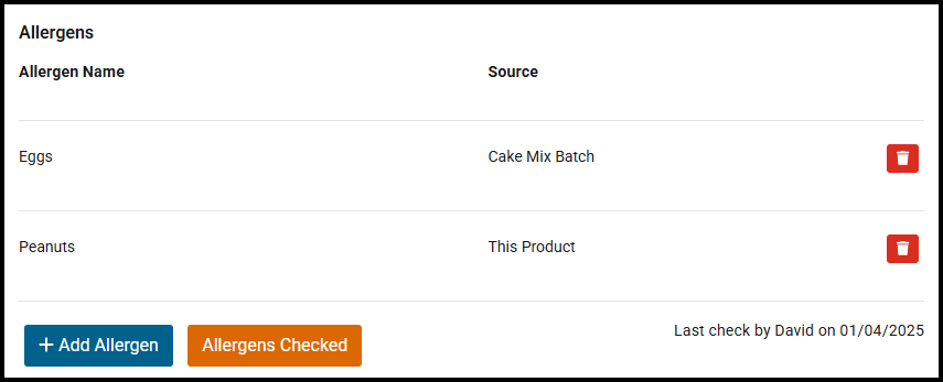 Allergens on a product