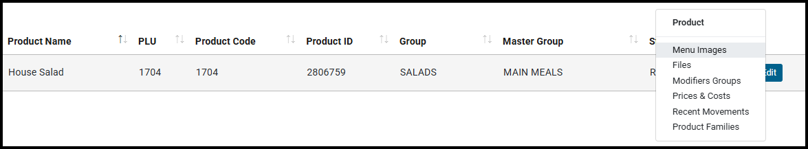 Menu Images option in the product list
