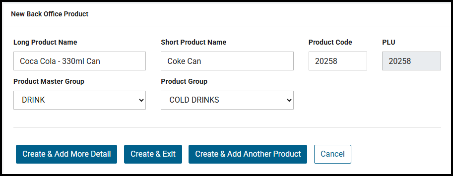 Create Back Office Product page