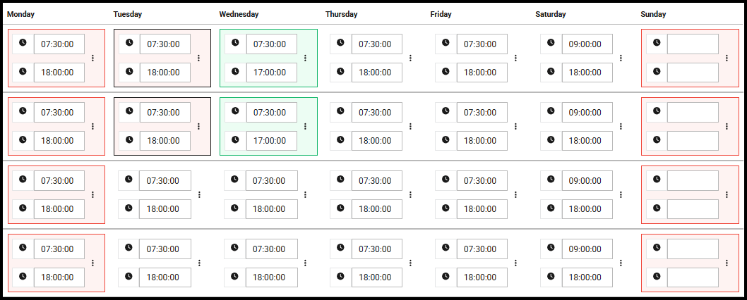Menu Timings table