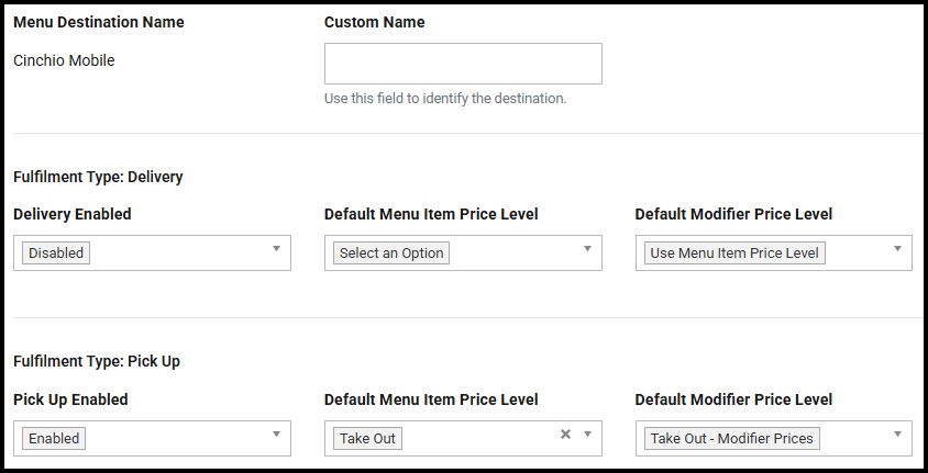 Menu destination settings