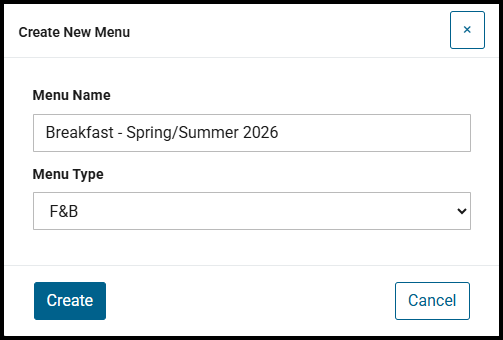 Create New Menu window