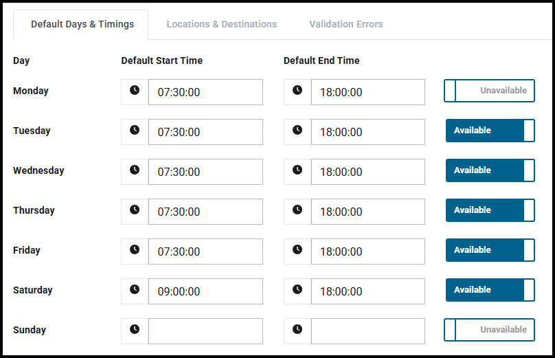 Default Days and Timings section