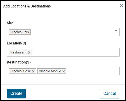 Create New Locations and Destinations window