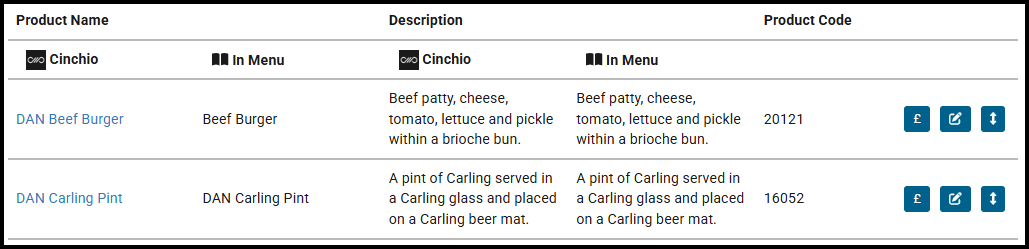 Items section of a menu
