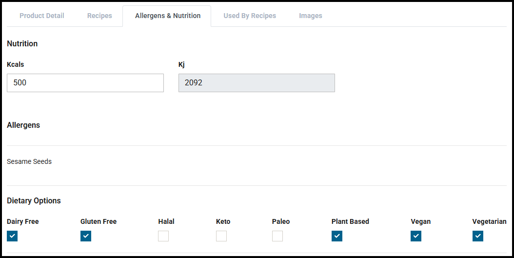 Allergen and nutritional information on a menu item