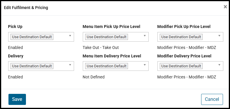 Edit Fulfilment and Pricing window