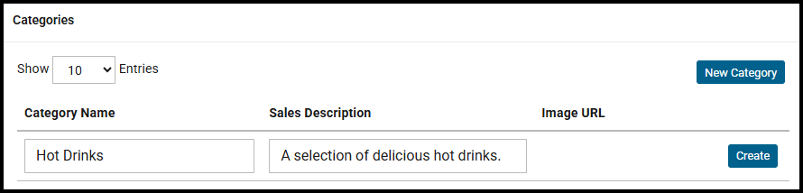 Categories section of a menu